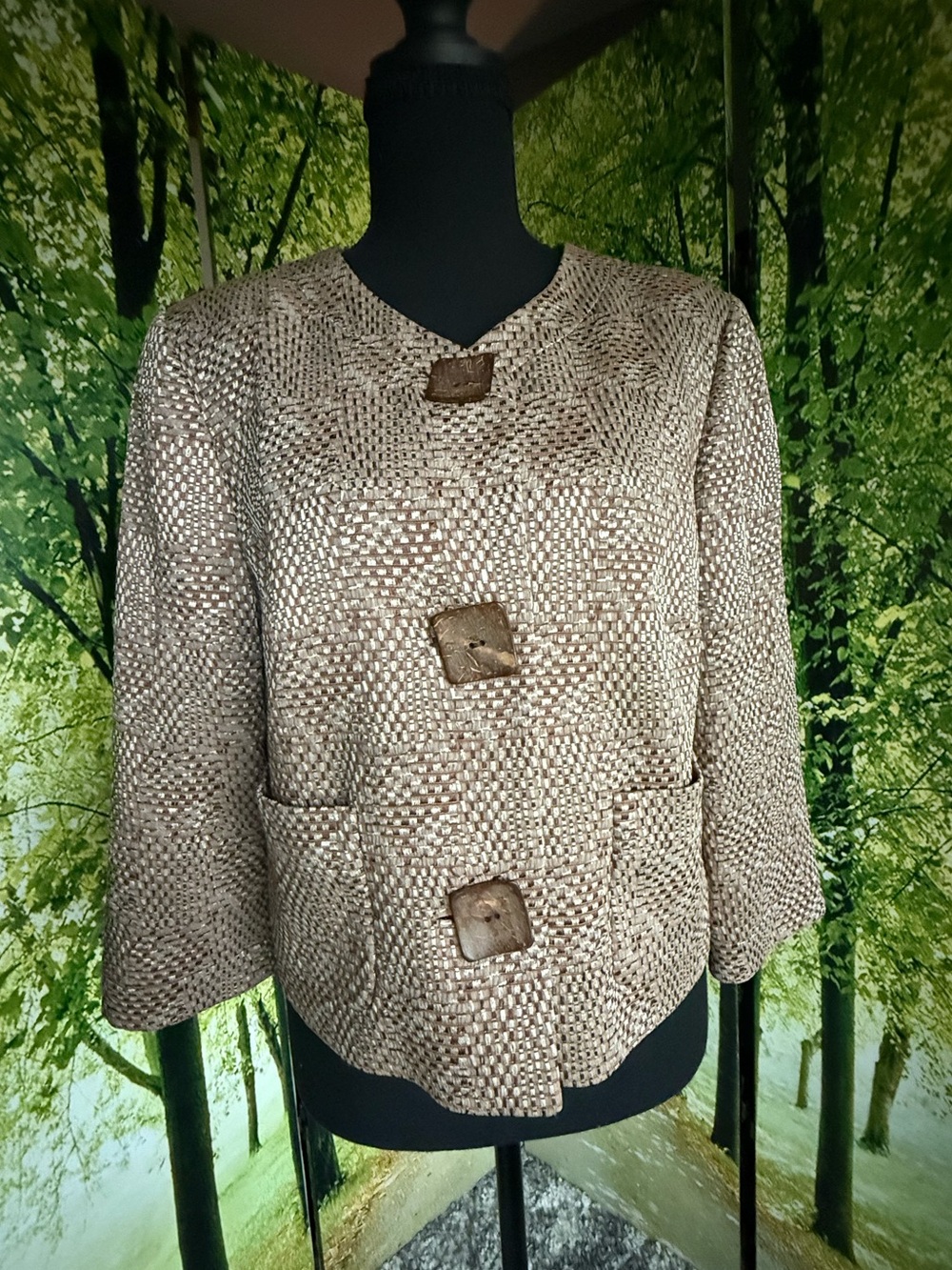 Lafayette 148 New York Beige Woven Blazer Jacket with Toggle Buttons